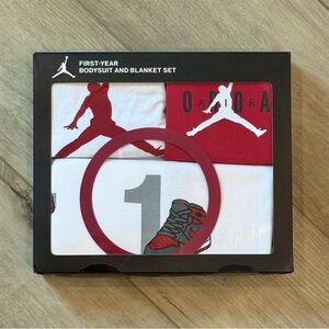 Jordan Red and White Bodysuit and Milestones Blanket Set
